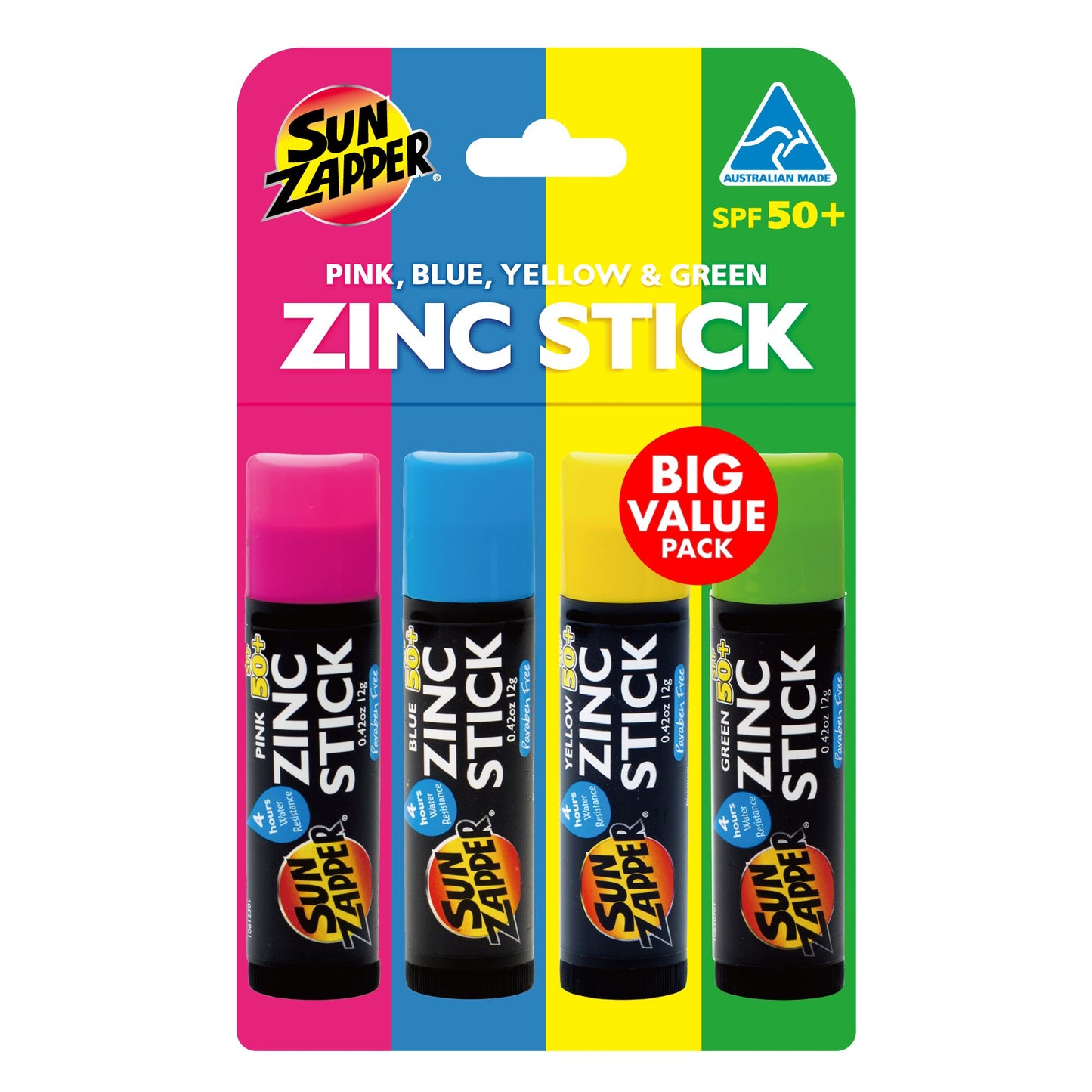 Zinc Stick SPF 50+ Rainbow Pack 4 sticks (Rosa/Azul/Amarillo/Verde)