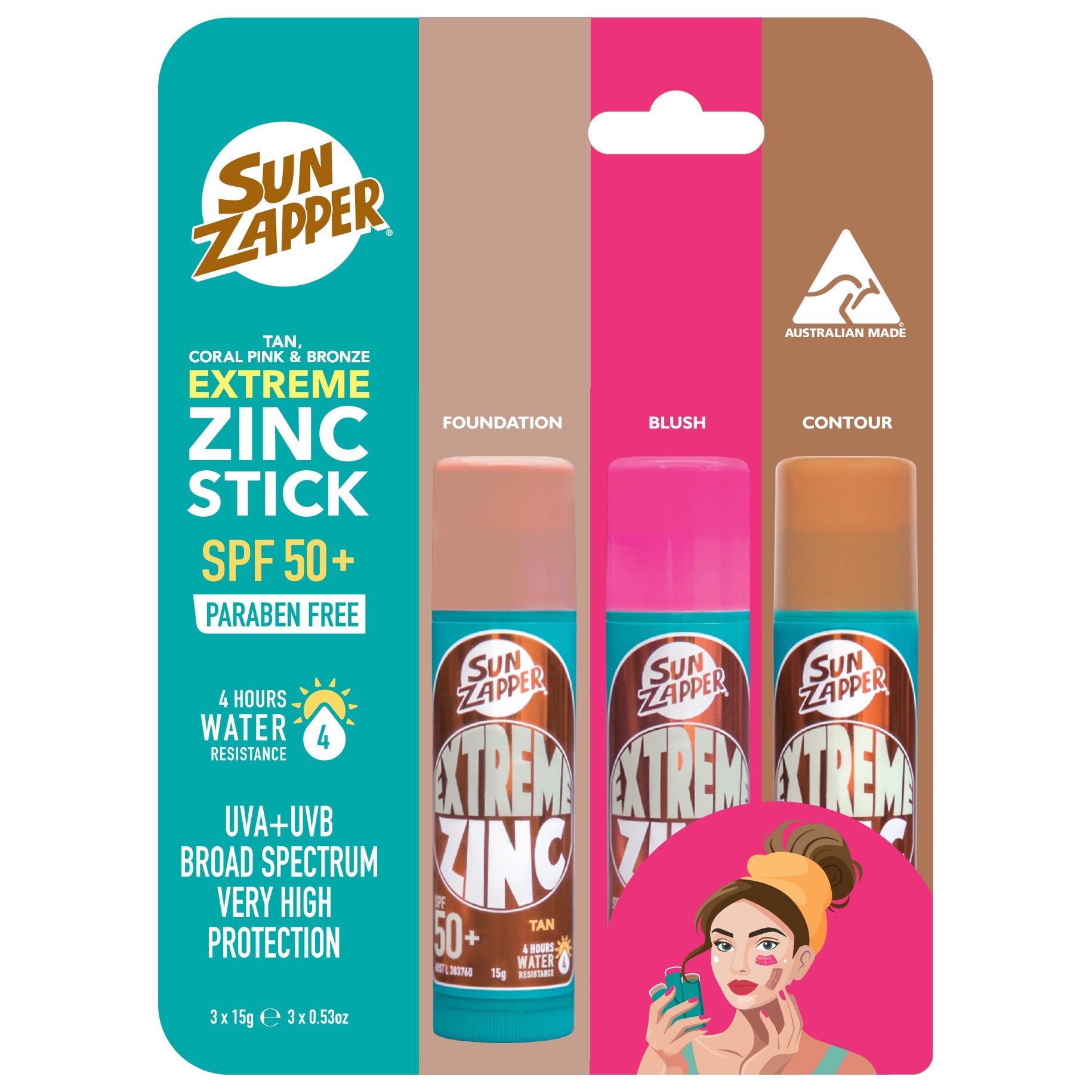Extreme Zinc Stick SPF 50+ Triple BEAUTY pack (Tan/Coral Pink/Bronze) *NUEVO*