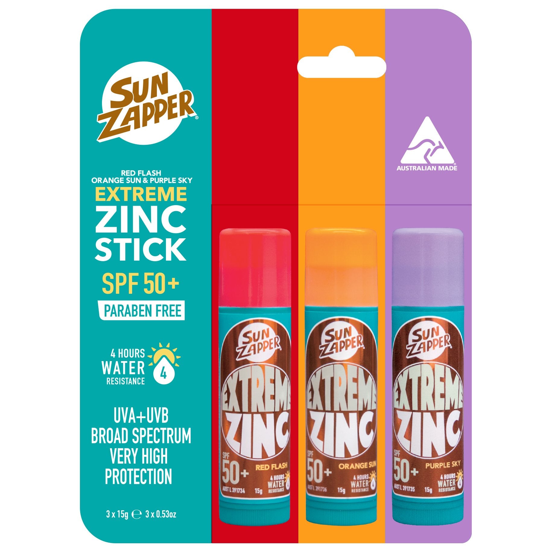 Extreme Zinc Stick SPF 50+ Triple Pack (Red/Orange/Purple) *NUEVO*
