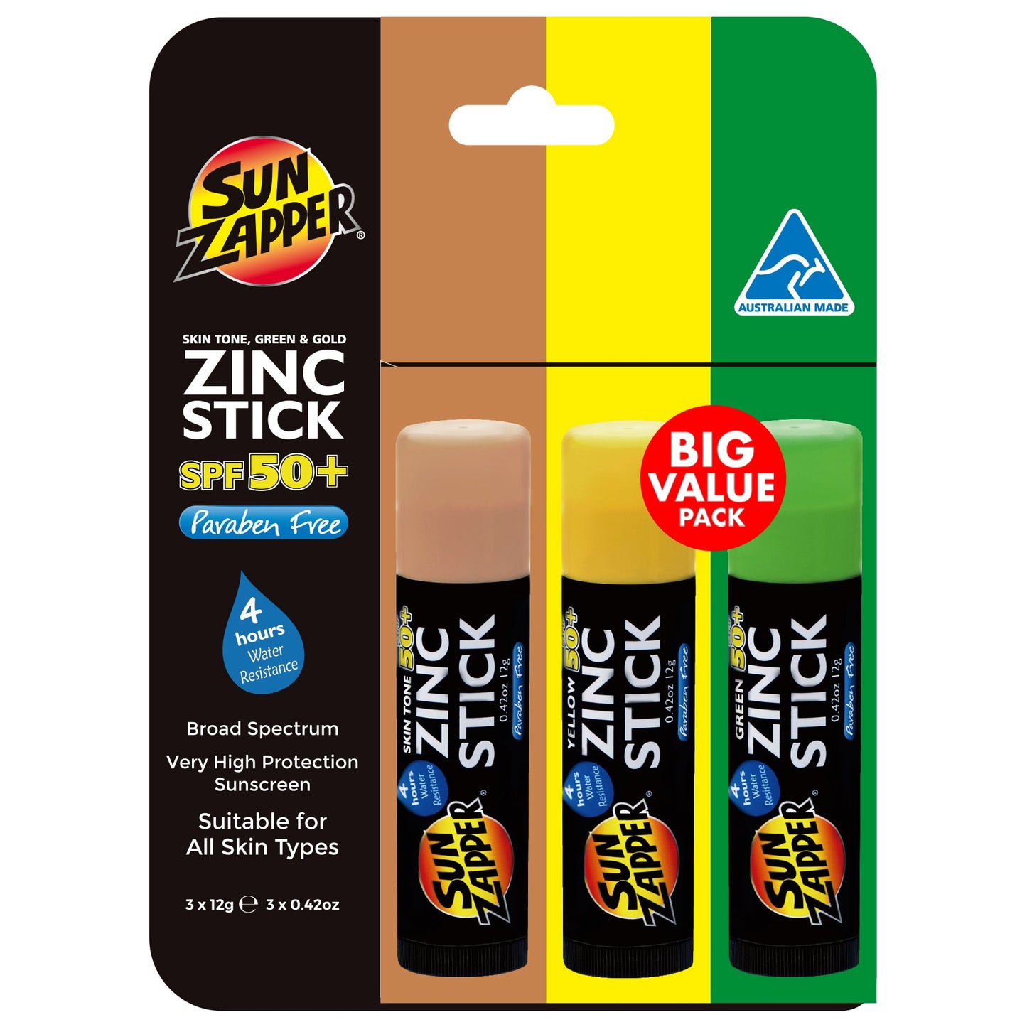 Zinc Stick Triple Pack - Skin Tone/Green/Gold SPF 50+ 36g