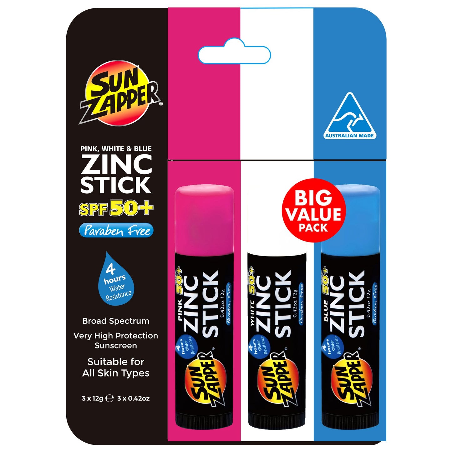 Zinc Stick SPF 50+ Triple pack 3 sticks (Rosa/Blanco/Azul)