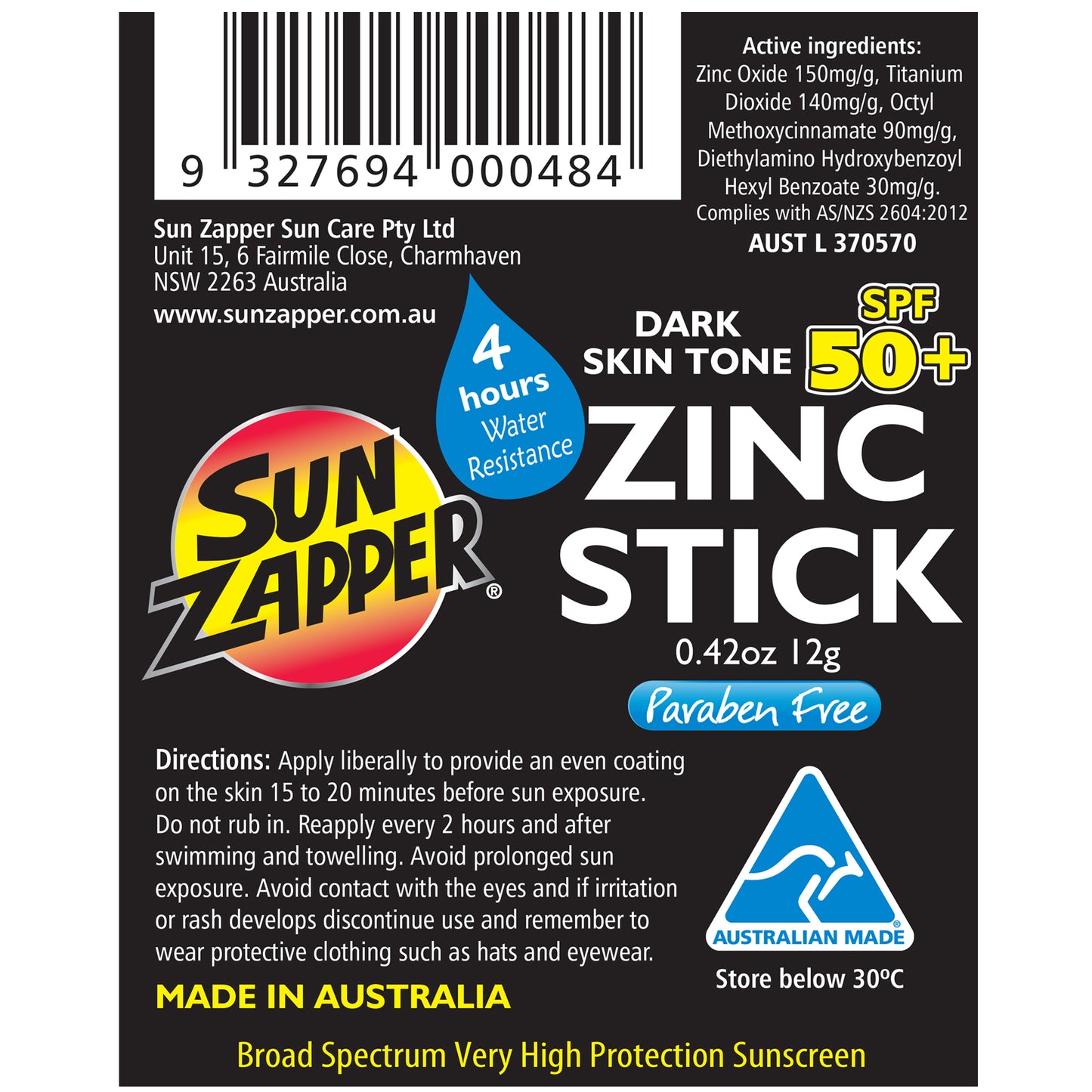 Sun Zapper Zinc Stick "Dark skin tone" SPF 50+ |  Protector Solar Australiano Zinc Stick color PIEL OSCURA 12g |Alta protección UVA/UVB con color vibrante, resistente al agua y reef safe |