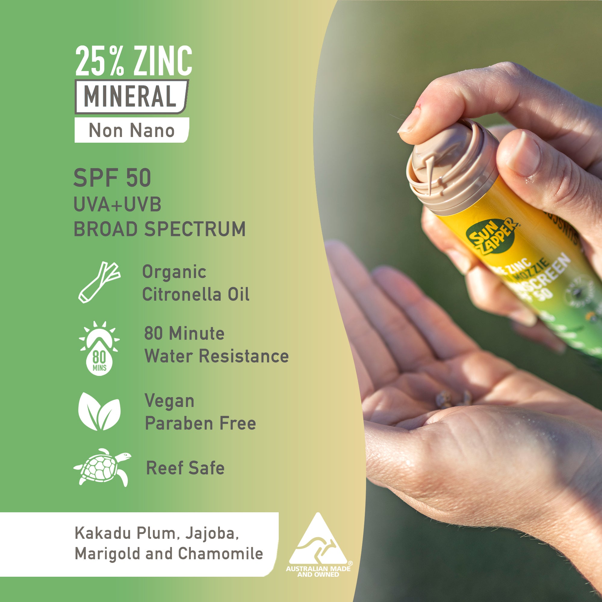 Sun Zapper Pure Zinc Anti Mozzie Sunscreen Cream SPF 50 – 100 g – Protección solar mineral + repelente natural de insectos – Hecho en Australia